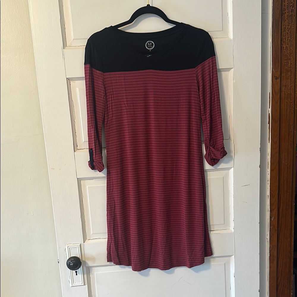 Maurices Red and Black Sheath Dress with Cuffed 3/4 Sleeves